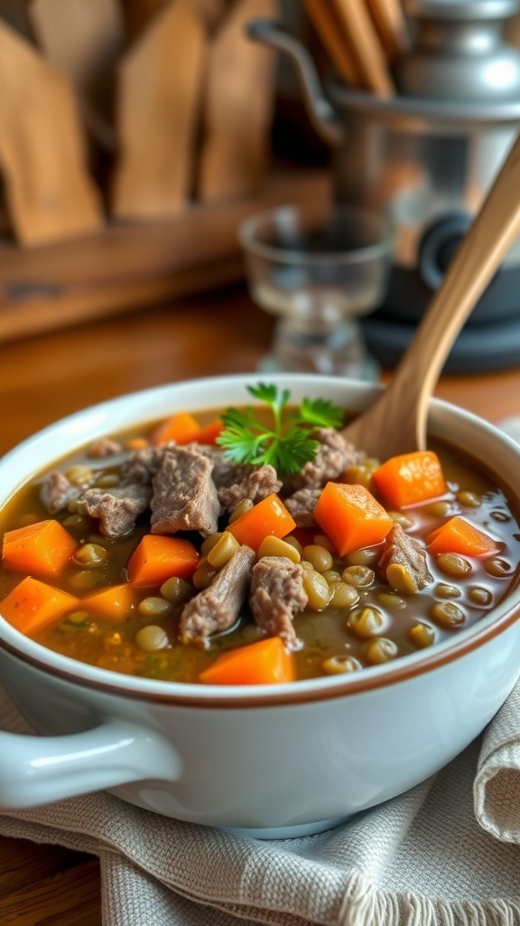A bowl of beef and lentil soup with carrots and lentils, garnished with parsley, in a cozy kitchen setting.